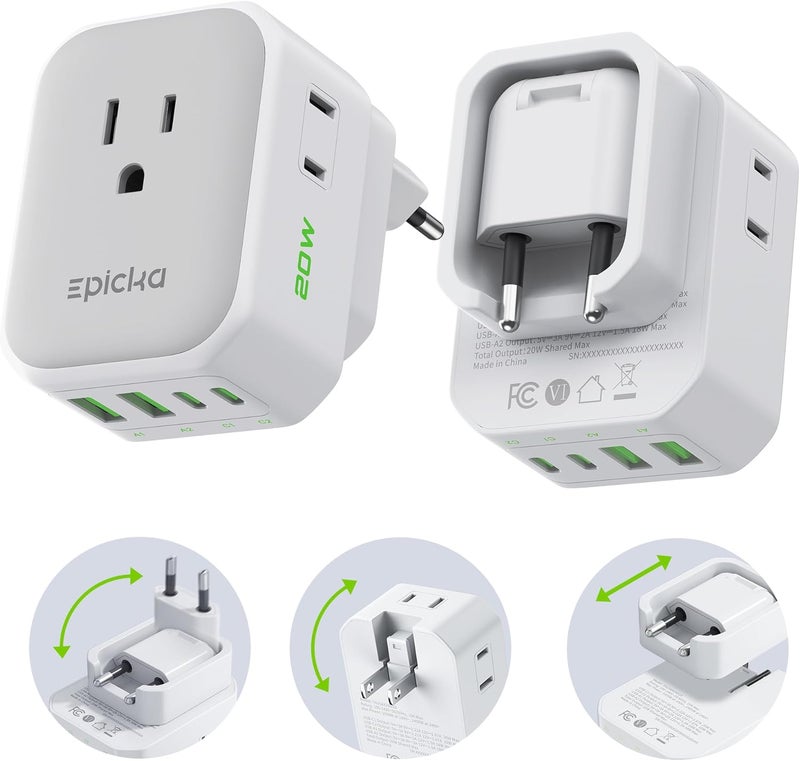 EPICKA Hybrid European Travel Plug Adapter, 2 Packs Foldable & Detachable Type C (EU) VisaPlug, 8-IN-1 International Power Adapter with 4 USB Ports (2 USB-C PD 20W), Travel Essentials for US to Europe - Image 1